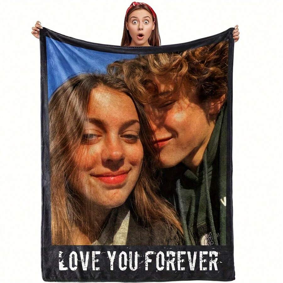 1pc Personalized Customized Couple's Blanket With Photo - Ideal Birthday Or Commemoration Gift For Boyfriend Or Girlfriend - Cozy Nap Blanket For Office, Home, Travel, Car, Comfortable For All Seasons - Multicolor - View 1