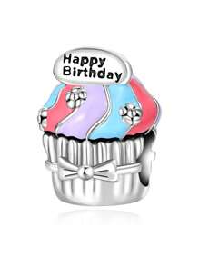 Silver Plated Charm Pink Bow Crown Candle Happy Birthday Cake Series Charm Bead Is Suitable For Diy Female Bracelet Pendants