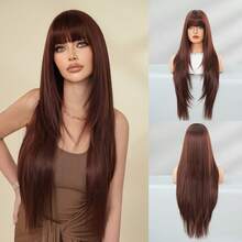 7JHH WIGS 34 Inch Extra Long Straight Raspberry Red Wig With Bangs - Super Long Natural Layered Wigs, High Quality Soft Synthetic Fiber Velvet Wine Burgundy Wigs For Women Daily Wear, Festival Ready Party Use, Mother's Day Gifts & Graduation Gift - Beginners Glueless Wig Accessories - 酒紅色 - 查看 11