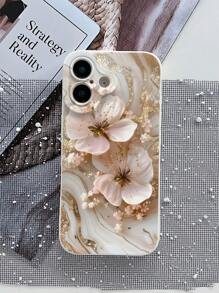 1pc Fashionable Marble Pattern Double Flower Solid Color Matte TPU Shockproof Phone Case, Compatible With IPhone 16/15/14/13/12/11/XSMAX/X/XS/XR/7PLUS/8PLUS/7/8