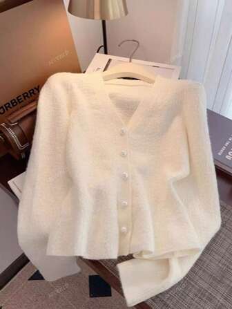 Women's V-Neck Elegant Ruffle Hem Fitted Knit Cardigan Sweater, Autumn/Winter