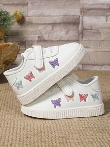 1 双幼儿女孩白色蝴蝶刺绣休闲运动鞋，舒适轻便，百搭时尚软底婴儿学步鞋，春秋季