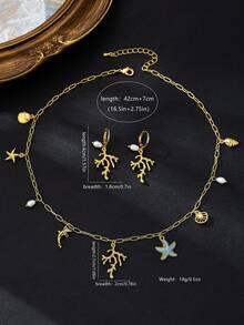 3件套金属海洋系列珊瑚吊坠项链耳环配套套装，个性夸张简约锁骨项链，时尚高端首饰套装