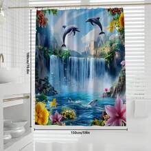 1pc/4pcs Dolphin Waterfall Pattern Multipurpose Bathroom Decor Set Including Waterproof Shower Curtain With 12 Hooks, Anti-Slip Bath Mat, U-Shaped Floor Mat And Round Toilet Lid Cover, Suitable For All Bathroom Scenarios Bathroom Accessories