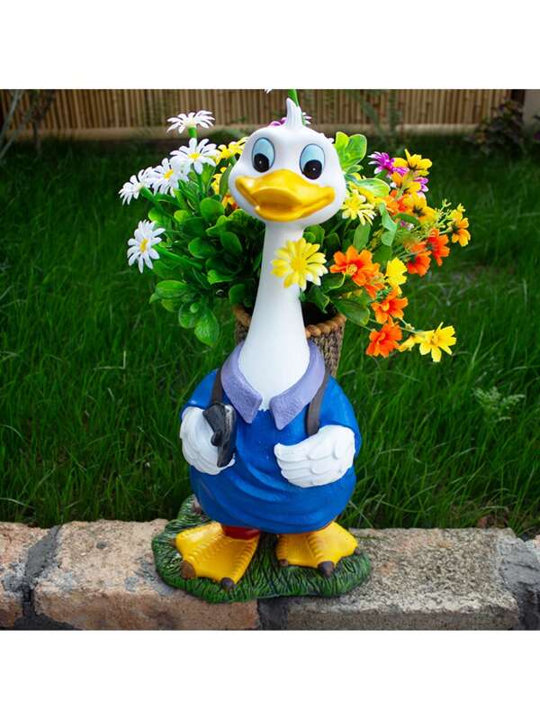 1pc Cute Cartoon Duck Carrying Planter Resin Craft Ornament, Outdoor Garden Yard Decor, Garden Planting Decoration