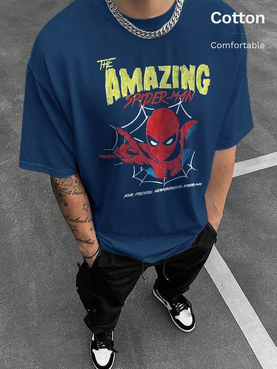 漫威联名款罗纹棉男士T恤，蜘蛛侠图案，学院风春夏运动装，时尚柔软透气男士牛仔蓝短袖上衣 - 牛仔藍 - 查看 1