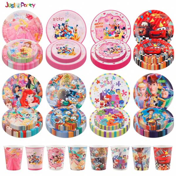 Disney 30pcs (10pcs Cups + 10pcs 7-Inch Plates + 10pcs 9-Inch Plates) Disney Princess Racing Children's Birthday Party Supplies Disposable Paper Plates, Paper Cups, Tableware Decorations