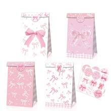[4/8/12 Pcs Set] Fashionable Pink Bow Gift Bags (With Decorative Stickers), Elegant For Birthday/Bachelorette/Engagement/Bridal Shower Decor - Multicolor - View 3