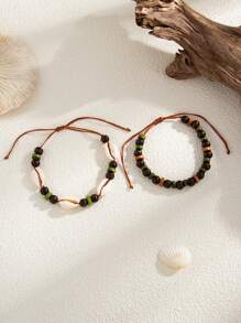 2pcs Bohemian Ocean Style Wood Bead Bracelet Set, Natural Shell Decor, Charming Jewelry For Men Beach Party Vacation