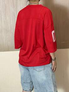 Women Short Sleeve T-Shirts Number Print V-Neck Shirts Summer Loose Casual Tops Streetwear - Red - View 3