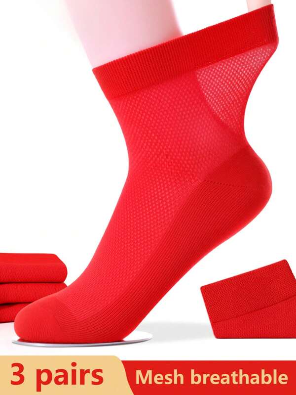 3 pares de calcetines de algodón transpirables de malla roja para mujer, suaves y cómodos calcetines finos de verano tipo tripulación, adecuados para uso diario