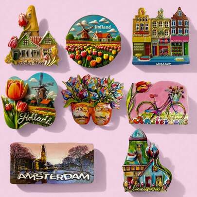 1pc Amsterdam, Netherlands Geographic Indicator Creative 3D Tulip Design Refrigerator Magnet, Travel Souvenir Home Decor