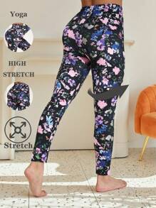 Women's Casual Fashion Sports Leggings, Black, Soft & Stretchy Material, Blue & Pink Floral Pattern, Full Plant Printed, Slim Fit, Suitable For Activities, Parties, Fitness, Yoga, Outdoor Walks, 7/8 Length