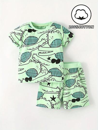 Set de 2 piezas con camiseta de manga corta de cuello redondo y pantalón corto con estampado de cocodrilo, casual para niños pequeños y niños, de moda para primavera/verano