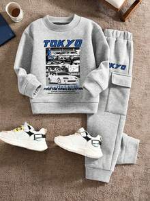 Ensemble Sweat-shirt col rond et pantalon de survêtement avec imprimé voiture pour garçon pré-adolescent - Gris - Voir 9