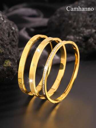 Camhanno 3 件复古精致时尚奢华不锈钢八角星+罗马图案组合手链套装适合日常节日佩戴男士/女士珠宝礼物情侣礼物