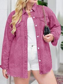 女士冬季街头风超大款毛边牛仔外套，配优雅衬衫领 - 粉色 - 查看 4
