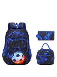 3-Piece Set: Football & Galaxy Print Backpack For Boys, With Lunch Box & Pencil Case, Large Capacity, Lightweight, Versatile Casual Backpack For School/Travel, Side Pockets For Water Bottle & Pen, Great Back To School Gift Bag For School College