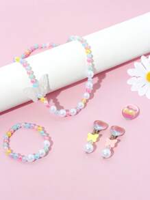5pcs/Set Iridescent Colored Cute Star & Pearl Beaded Bracelet, Necklace, Earrings, Ring Set, Suitable For Daily, Festival, Party Wear, Random Color