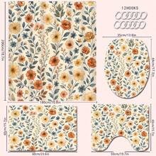 1/4pcs Vintage Flower & Wild Grass Themed Bathroom Set, Including Shower Curtain, Bath Mat, U-Shaped Toilet Lid Cover, Waterproof Shower Curtain For Bathroom Decor, Modern Style Curtain Partition, No Drilling Required, Polyester, Machine Washable Back To School - Multicolor - View 11