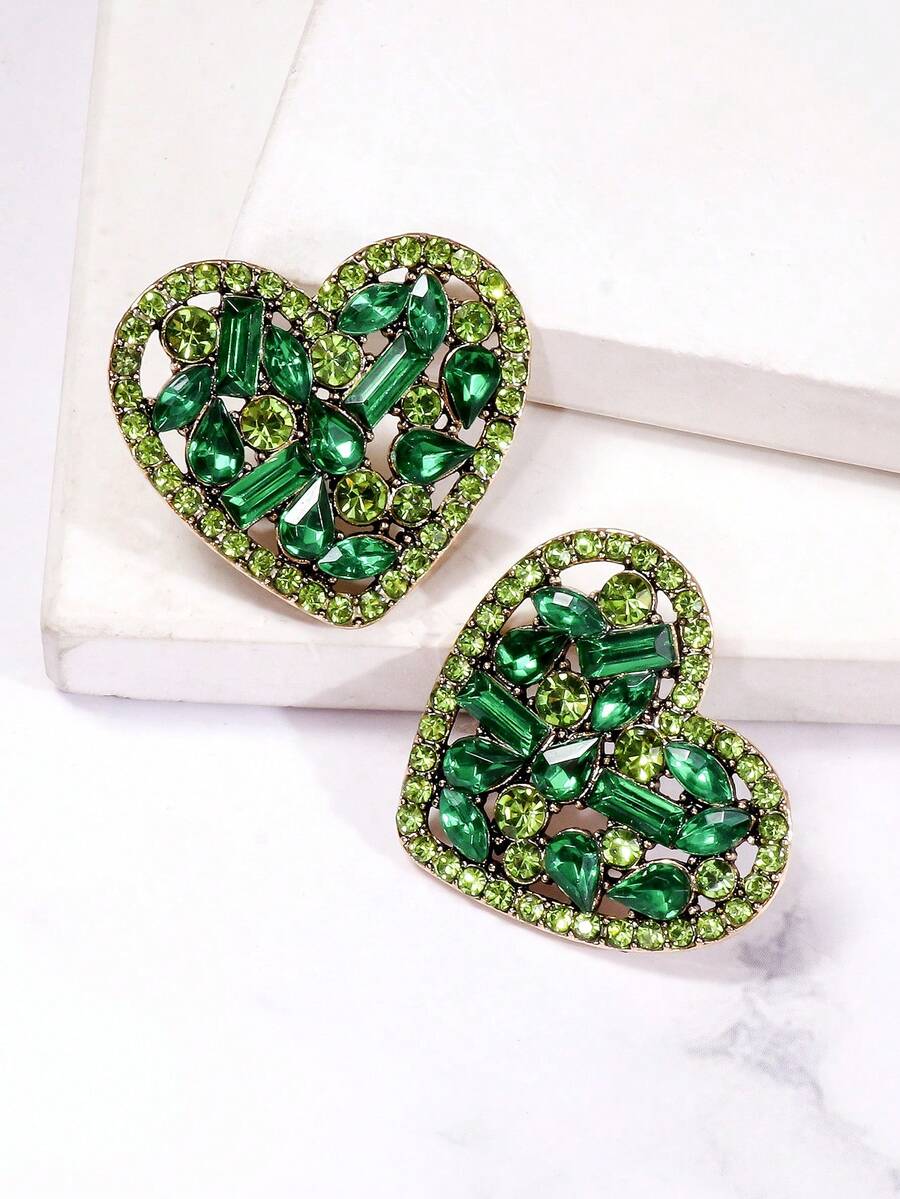 juran 1 对女士心形水钻耳环，适合约会场合的休闲日常佩戴珠宝礼物 - 綠色 - 查看 1