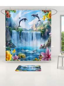1pc/4pcs Dolphin Waterfall Pattern Multipurpose Bathroom Decor Set Including Waterproof Shower Curtain With 12 Hooks, Anti-Slip Bath Mat, U-Shaped Floor Mat And Round Toilet Lid Cover, Suitable For All Bathroom Scenarios Bathroom Accessories