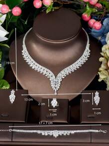1 set de bijuterii pentru femei, include colier, cercei, brățară, inel, cu decor cu frunze de zirconiu cubic, stil minimalist, potrivit pentru cadou de Ziua Îndrăgostiților