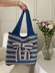 1 Peça Bolsa de Tricô de Grande Capacidade, Bolsa de Ombro Simples, Bolsa Transversal, Bolsa Estampa de Laço Dupla Cor Listrada Essencial para Sair, Viagem, Fotografia, Trabalho, Transporte de Roupas, Cosméticos, Pequenos Itens, Bolsa de Viagem, Adequada como Presente para Amigos, Família, Namoradas, Decoração de Quarto, Volta às Aulas, Itens Essenciais de Viagem