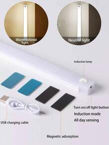 مصباح ليلي LED مزود بمستشعر حركة، أبيض/أبيض دافئ، مصباح LED قابل لإعادة الشحن عبر USB بقوة 5 فولت تحت الخزانة، إضاءة خزانة لاسلكية مغناطيسية مناسبة لخزانة الملابس والخزانة والسلالم وغرفة التخزين - أبيض - مشاهدة 9