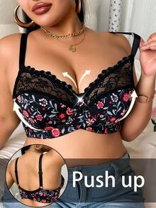 Plus Size Women's Fashionable Daily Comfortable Underwire Printed Bra, Lift - Black - View 5