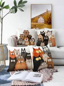 4pcs Cute Cartoon Cat Pattern Pillow Covers, Simple Cartoon Style Square Faux Linen Hidden Zipper Single-Sided Print Cushion Cover, Not Including Pillow Inner, Suitable For Farmhouse, Living Room, Bedroom, Sofa Decoration - Gray Brown - View 1