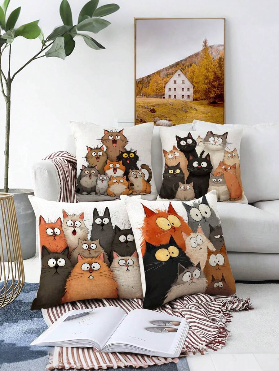 4pcs Cute Cartoon Cat Pattern Pillow Covers, Simple Cartoon Style Square Faux Linen Hidden Zipper Single-Sided Print Cushion Cover, Not Including Pillow Inner, Suitable For Farmhouse, Living Room, Bedroom, Sofa Decoration - Gray Brown - View 1