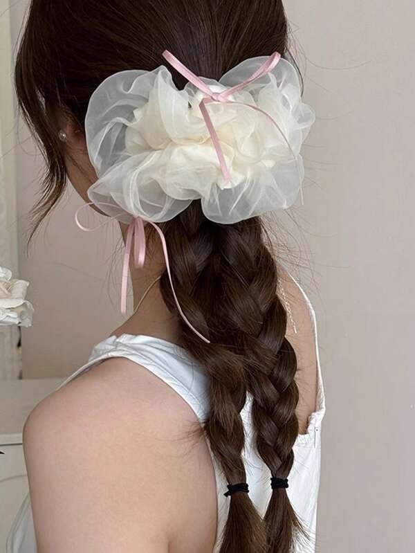 1pc Oversized Mesh Ribbon Bow Hair Scrunchie, High-End Hair Accessory, 2025 New Collection