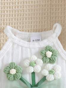 HAO6 0 - 3 Years Baby Girls' Stylish Set: Beige Halter Top With Crochet Flowers & Bow, Brown Ribbed Shorts - Green - View 3