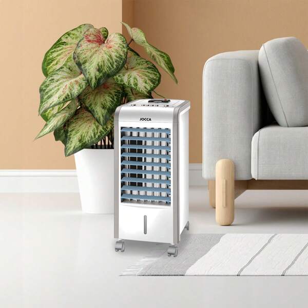 Jocca Ventilador de refrigeração 3 em 1 Jocca com umidificador e função repelente de mosquitos, 3 velocidades, lâminas oscilantes de 60°, tanque de água removível de 3 litros, compacto, portátil com rodas, inclui 2 blocos de gelo, ideal para casa ou escritório, baixo consumo de 80 W