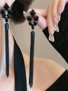 Elegant Black Rhinestone Tassel Chain Drop Earrings, Luxury Minimalist Long Earrings, Versatile