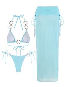 Sheer 3 Pieces Bikini Sets 2025 Swimwear Nightclub Partywear Brazilian Swimsuit O-Ring Bathing Suit With Skirt Thong Biquini - Baby Blue - View 5