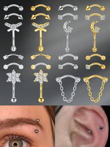 CIZME 3 件 16G 弧形杠铃眉环不锈钢耳钉 16G 眉环套装银链吊坠耳钉 CZ 月亮耳环耳钉耳钉耳钉耳钉饰品男女耳钉耳钉耳钉耳钉耳钉耳钉身体穿孔弧形杠铃