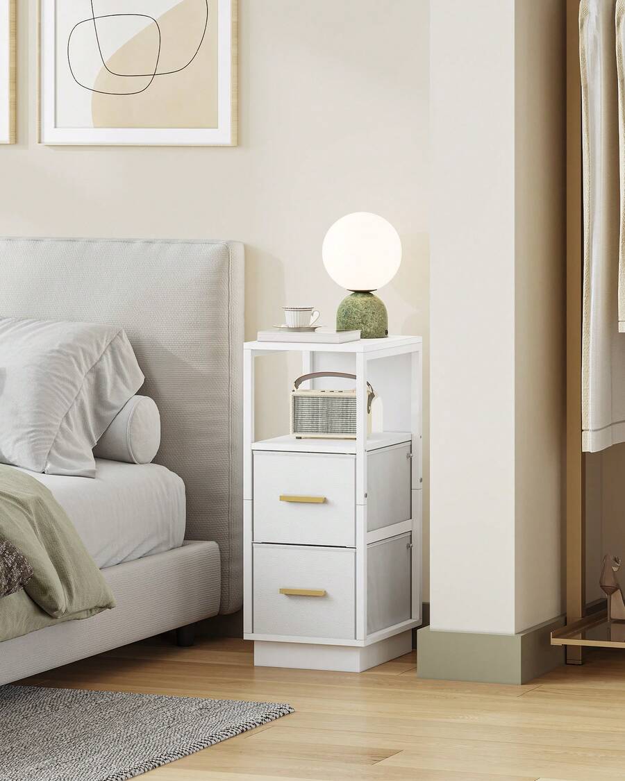 HEXCELEN Bedside Table, Side Table With Open Compartment, Narrow Bedside Table With 2 Fabric Drawers, Modern, For Bedroom, Living Room, 30 X 24 X 60 Cm, White - 白色 - 查看 1