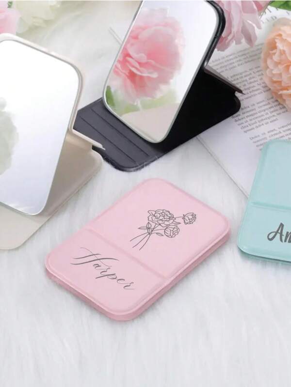 Custom Square Makeup Mirror, Laser Engraving Pocket Mirror With Custom Name And Birth Flower, Bridesmaid Gift, Folding Makeup Mirror