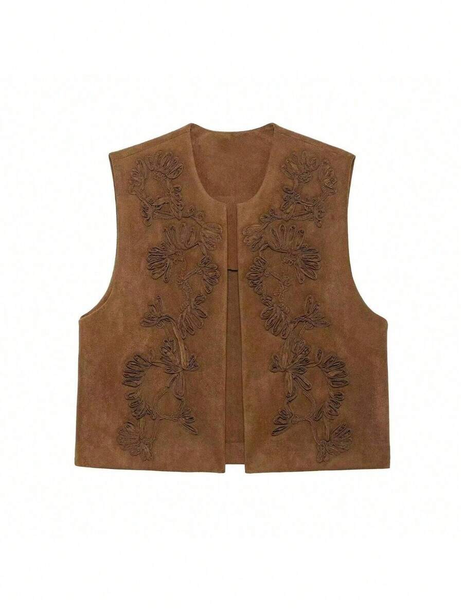 Seelio Spring/Autumn New Women's Embroidered Decoration Fleece Effect Vest