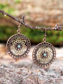 TopHanqi 1 Pair Vintage Bohemian Metal Earrings, Hollow Floral Design With Imitation Turquoise, Suitable For Women Daily Wear, Party Accessory, Commute, Street Style, Versatile, All Seasons
