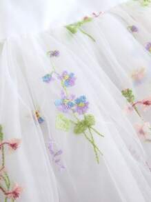 Vestido de princesa elegante e doce para meninas, 1 peça, laço, renda, bordado, flor, tule, babados, decoração, festa, praia, aniversário, primavera/verão