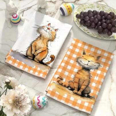 2 pezzi Asciugamani da cucina a quadri con motivo carino di gatto - in poliestere ultra morbido, design moderno a cartoni animati, adatti per cucina, cottura, bagno e pulizia. Adatti per raduni familiari, sale da pranzo, soggiorni, decorazioni da cucina e regali per nuove case.