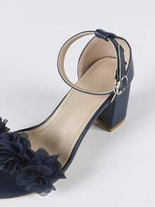 Women's Navy Blue 3D Floral Decor Square Toe Strappy Chunky Heel Sandals, Sweet & Elegant Style For Wedding, Party, Spring/Summer - Royal Blue - View 7