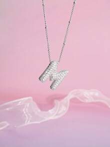 DareSee One Piece New Women's Stainless Steel Bubble Letter Necklace Shining Zirconia Rhinestone Letter 26 A-Z Exquisite Balloon Necklace Music Fest Y2KFest Autumn Winter Gifts Music Fest - Silver - View 3