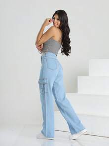 Calça infantil Jeans Menina Cargo Blogueirinha Street Moda Kids - Azul - Visão 6