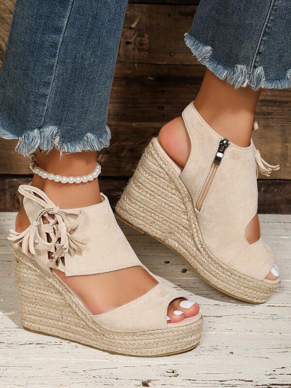 Open Toe Vacation Elegant Tassel Side Zipper Lightweight Espadrille Platform Wedge Sandals For Women