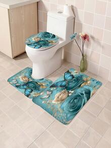 1pc/4pcs Floral Butterfly Multifunctional Bath Decor Set, Including Waterproof Shower Curtain With 12 Hooks, Anti-Slip Bath Mat, U-Shaped Toilet Mat, And Round Toilet Lid Cover, Ideal For Bathroom Scenes Bathroom Accessories Back To School