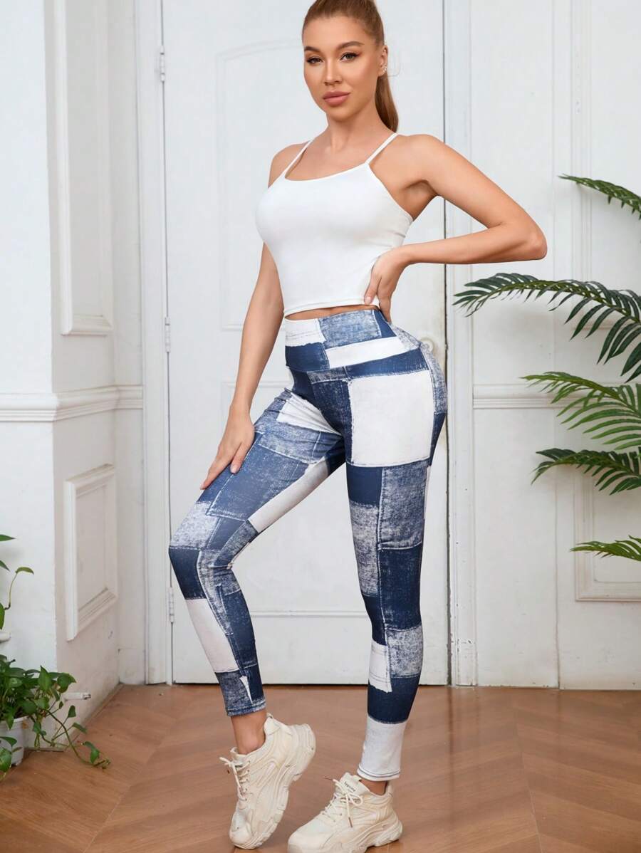 Damskie legginsy sportowe z imitacji jeansu w kratkę, z wysokim stanem i wysoką elastyczną talią, szybkoschnące, oddychające, brzoskwiniowe, biodrowe, w stylu retro, do noszenia o każdej porze roku, spodnie codzienne, odpowiednie do jogi, biegania, sportów na świeżym powietrzu i dojazdów do pracy